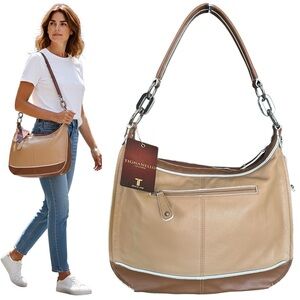 Tignanello Two-Tone Tan & Brown Leather Shoulder Bag White Ribbed Details New!